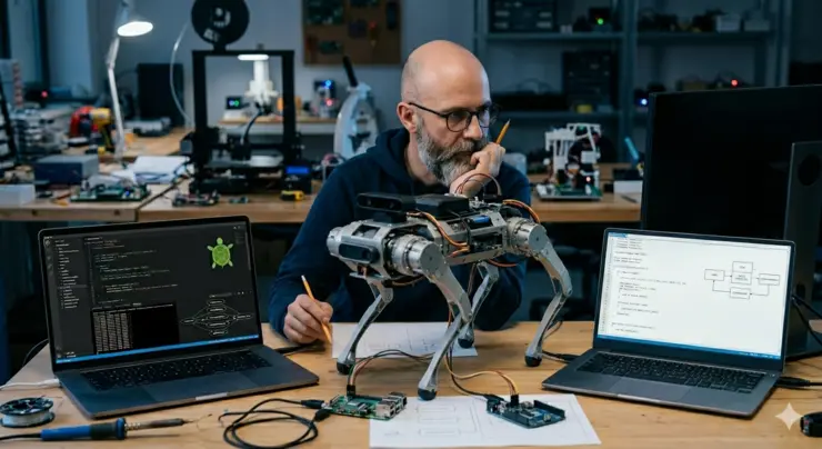 Insinyur robotika mengevaluasi sistem kontrol robot quadruped autonomous, membandingkan lingkungan pemrograman ROS2 dan skema kontrol custom pada dua laptop di meja kerja lab.